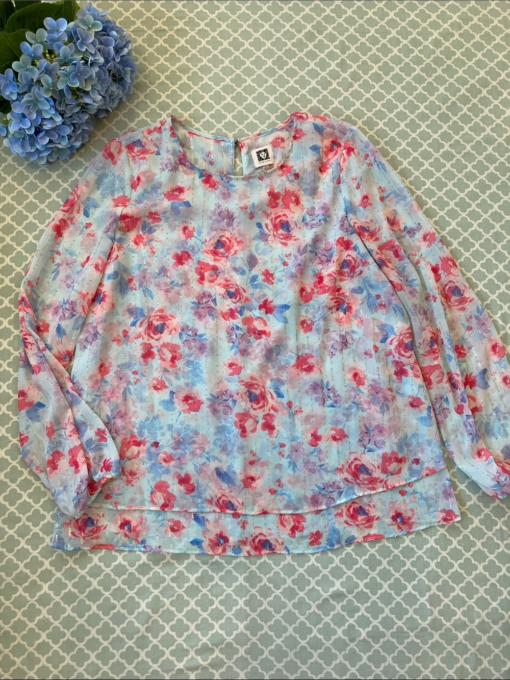 Anne Klein Blue Pink Purple Shimmer Thread Watercolor Floral Long Sleeve Blouse
